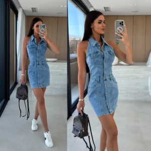 Robe en jean pour femme, col licou, décolleté plongeant, boutonnée, style décontracté chic, mini-jupe, vêtements Y2K