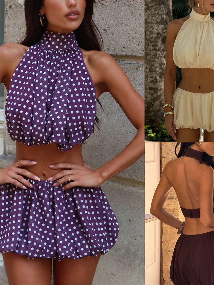 Ensemble jupe courte pour femmes, couleur unie/à pois, sans manches, dos nu, col licou, haut court avec Mini jupe, tenue 2 pièces, été – Image 6