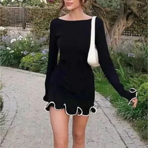 Robe en tricot slim pour femmes, sexy, à la mode, taille haute, jupe de soirée, enveloppée de hanches, bord à volants, jupe courte, automne