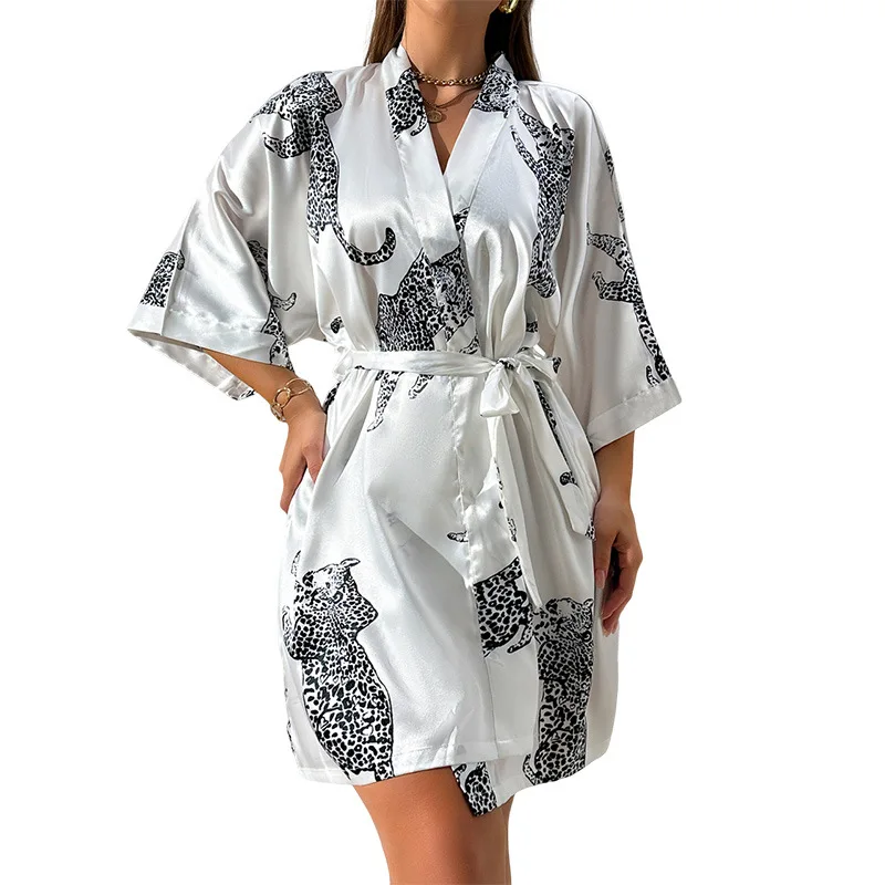 Robe de Nuit Sexy en Satin pour Femme, Col en V, avec Ceinture, Kimono Court, Vêtements de Nuit, Peignoir de Demoiselle d'Honneur – Image 5