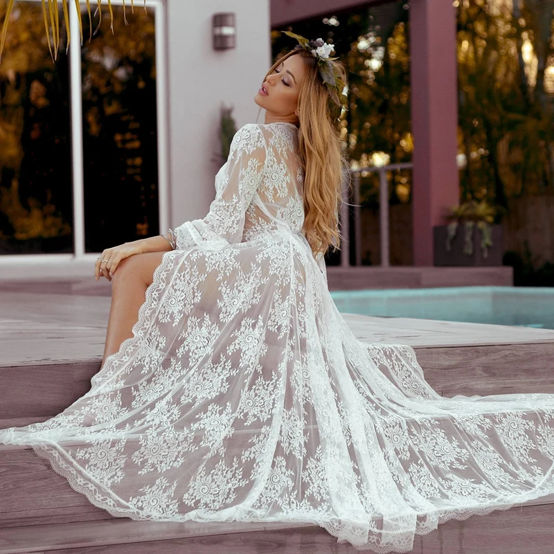Peignoir Long en Dentelle Transparente pour Femme, Robe de Demoiselle d'Honneur Blanche, Vêtements de Nuit Kimono, Lingerie Porno