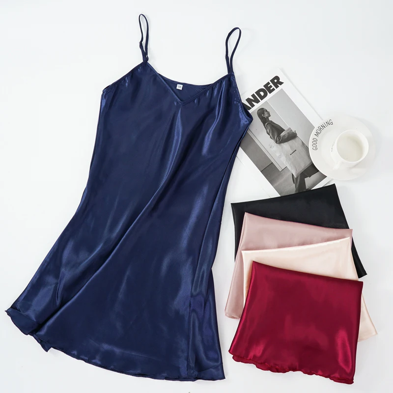 Robe de nuit Sexy en Satin de soie pour femmes, sans manches, col en v, grande taille, vêtements de nuit – Image 3