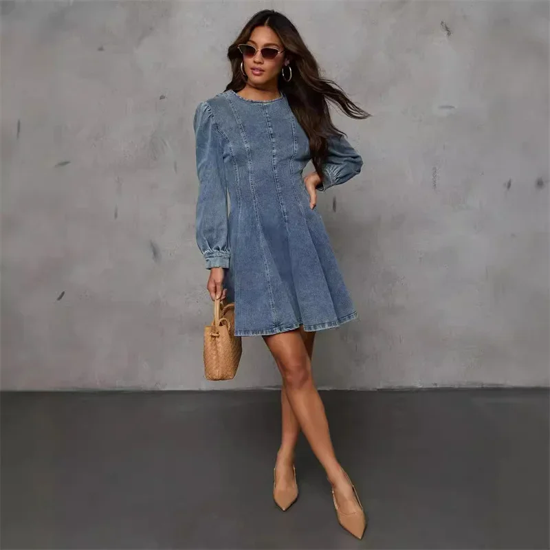 Robe en jean élégante pour femme, nouvelle collection automne, manches longues, coupe trapèze, sexy, patchwork, ajustée, mode, club, streetwear – Image 3