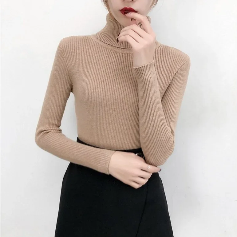 Pull à col roulé à manches longues pour femmes, pull côtelé élégant, mince, automne, hiver – Image 11
