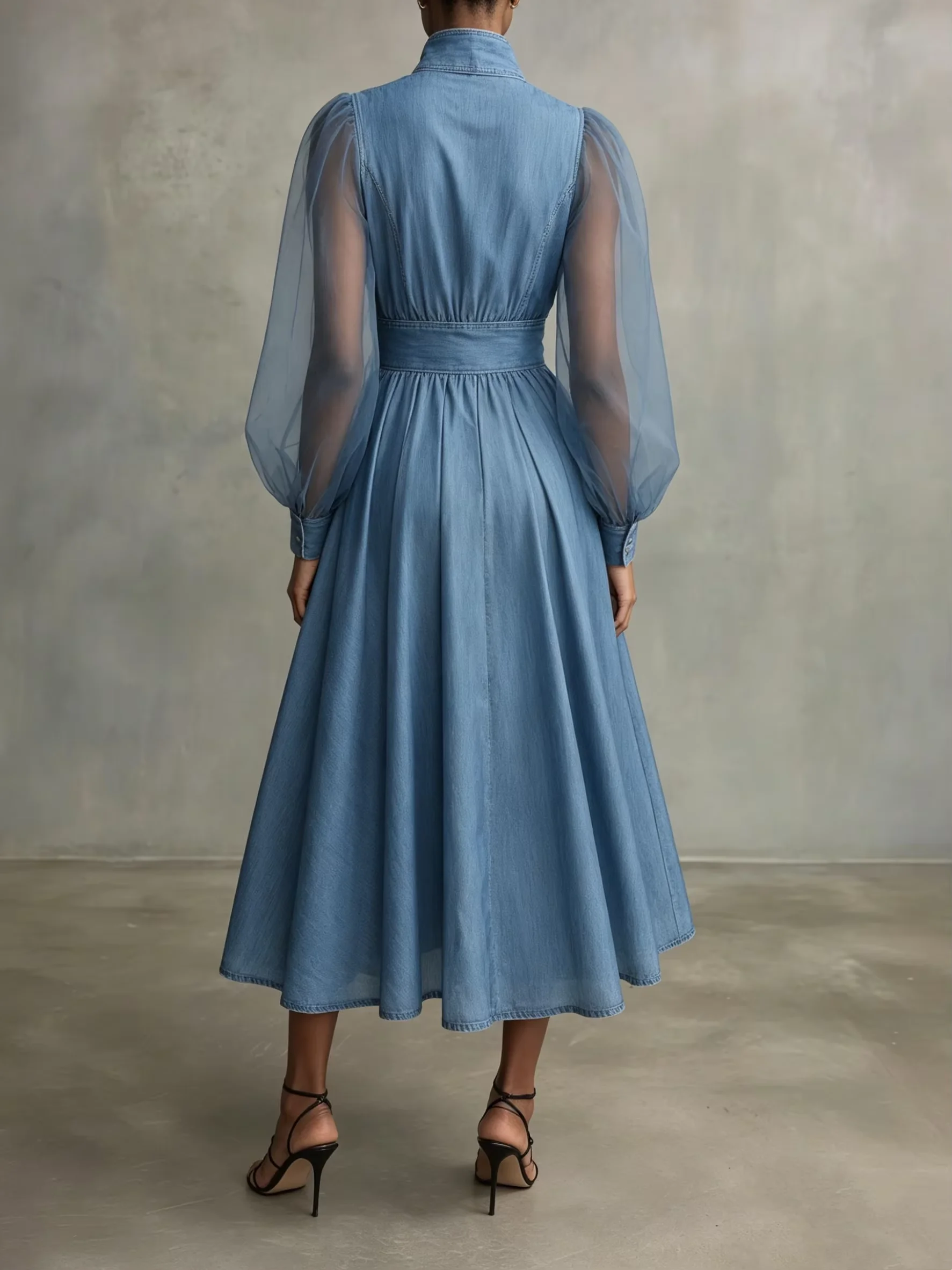Robe midi élégante pour femme en faux denim, manches bouffantes transparentes, col montant, boutonnée, taille haute, coupe trapèze avec poches pour le printemps – Image 2