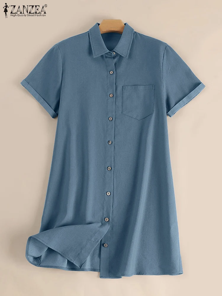 ZANZEA-Robe Chemise en Denim pour Femme, Col à Revers, Manches Courtes, Été 2024 – Image 4