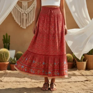Happie Queens femmes rouge imprimé fleuri plage bohème jupe haute taille élastique rayonne coton Boho Maxi jupes Femme