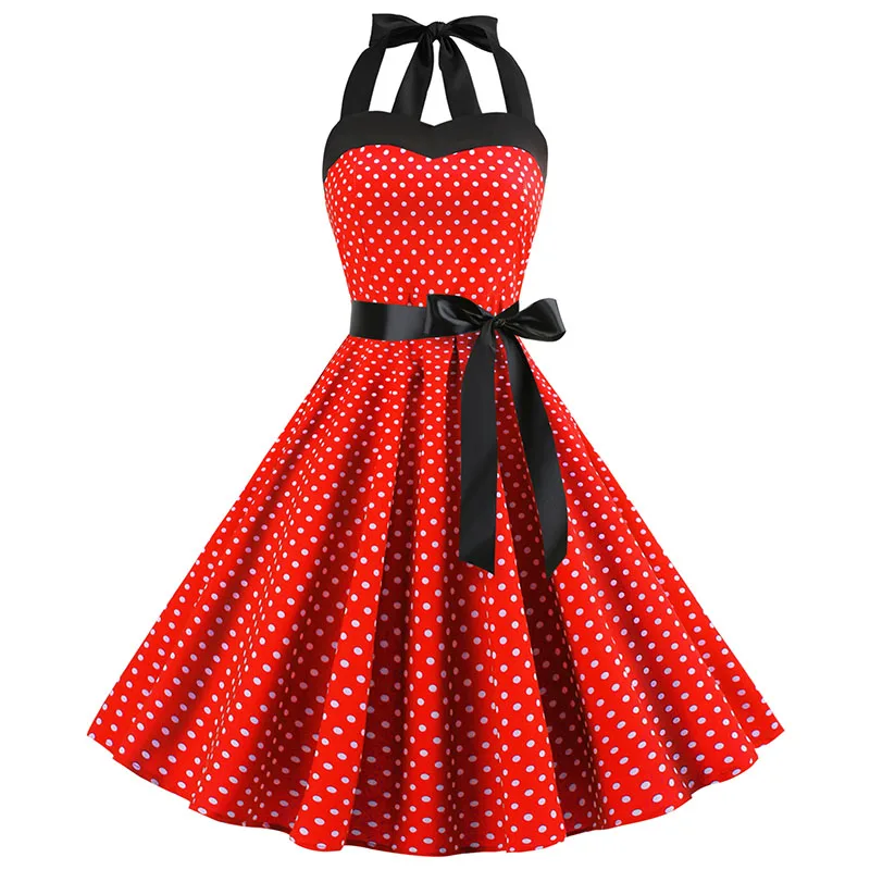 Femmes à pois imprimé Robe d'été Sexy rétro blanc licou Robe Vintage Robe Femme Pin Up Rockabilly Robe de soirée – Image 8