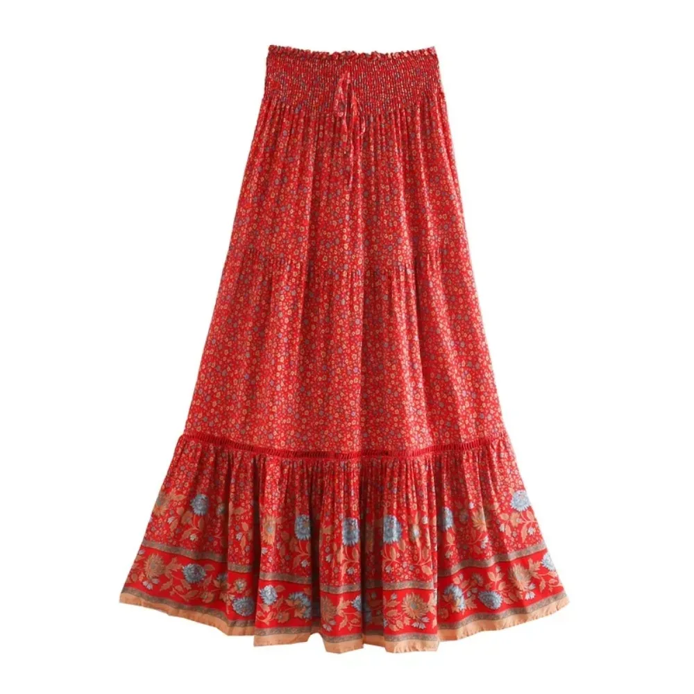 Happie Queens femmes rouge imprimé fleuri plage bohème jupe haute taille élastique rayonne coton Boho Maxi jupes Femme – Image 8