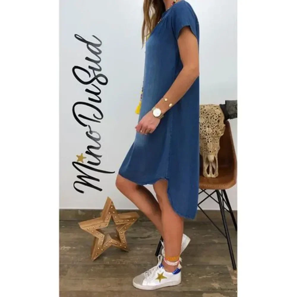 Robe en denim ample à manches courtes pour femmes, robe longue décontractée, mode vintage, grande taille, 1XL-5XL – Image 2