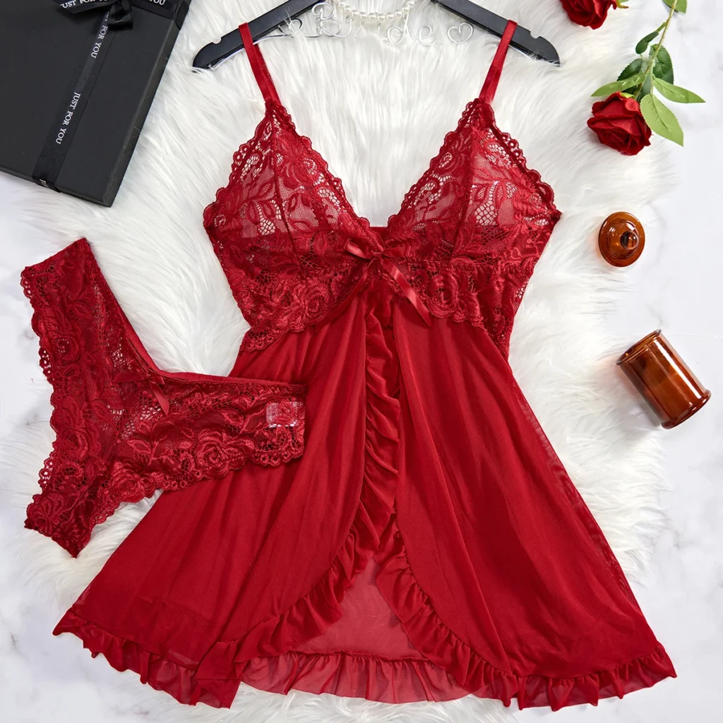 Robe de nuit transparente en dentelle pour femmes, Lingerie Sexy, vêtements de nuit, couleur unie, Slim, doux, col en V, Slip complet, vêtements de nuit et robes, été