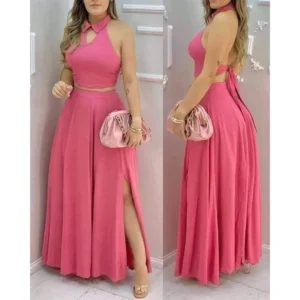 Ensemble deux pièces rose pour femmes, col licou, haut court, jupe Maxi fendue, idéal pour les soirées, les mariages d'été, les sorties chics