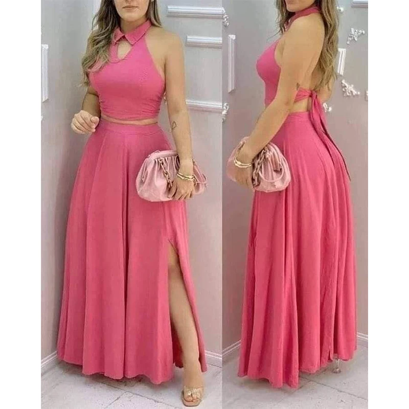 Ensemble deux pièces rose pour femmes, col licou, haut court, jupe Maxi fendue, idéal pour les soirées, les mariages d'été, les sorties chics