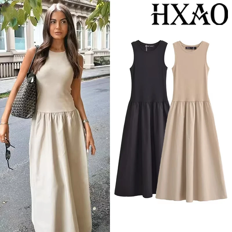 HXAO kaki robes longues élégantes 2026 femmes printemps sans manches robes noires mode décontracté fête Y2k robe robes pour femme