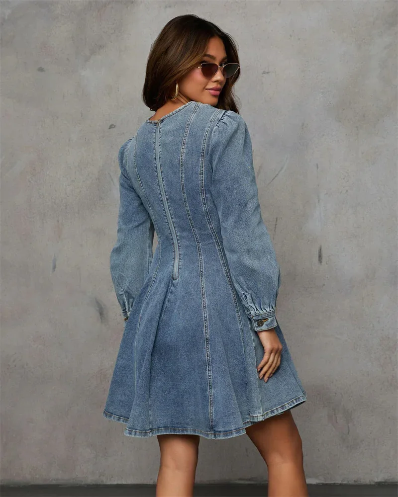 Robe en jean élégante pour femme, nouvelle collection automne, manches longues, coupe trapèze, sexy, patchwork, ajustée, mode, club, streetwear – Image 2