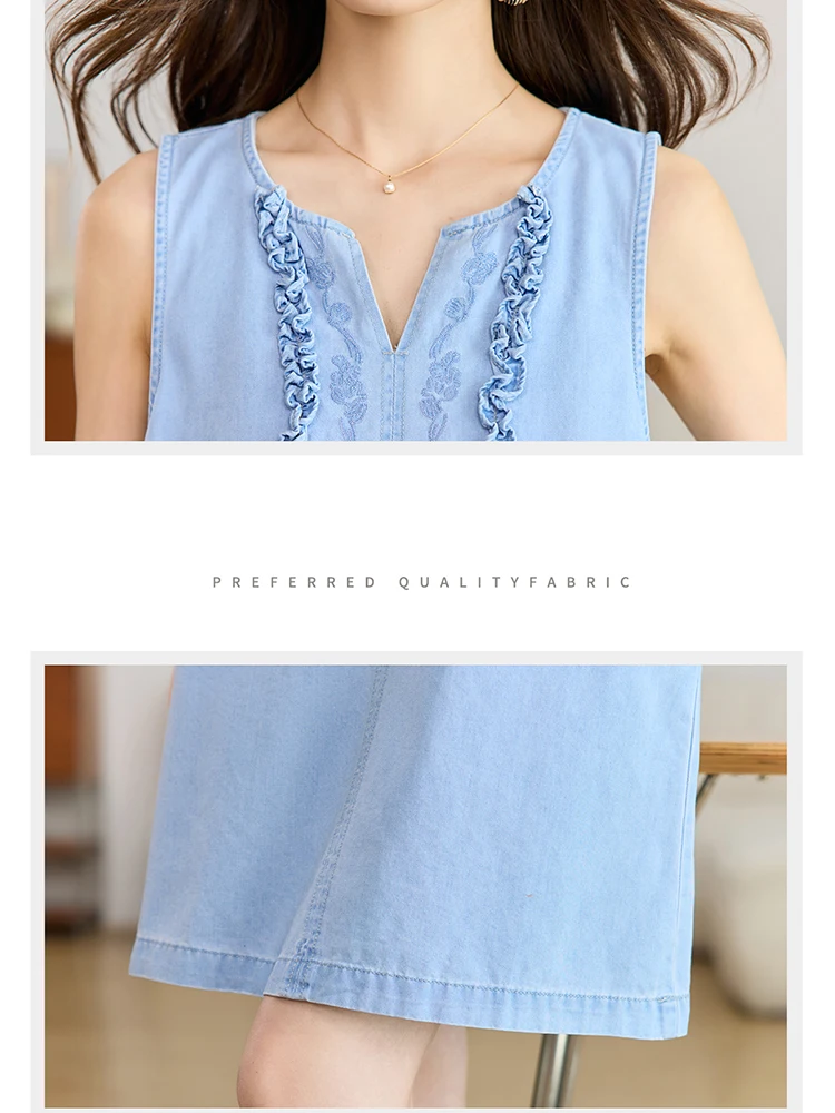 Robe en jean sans manches bleu clair style français avec broderie florale 3D pour femme – Robe d'été streetwear en jean pour femme – Image 5