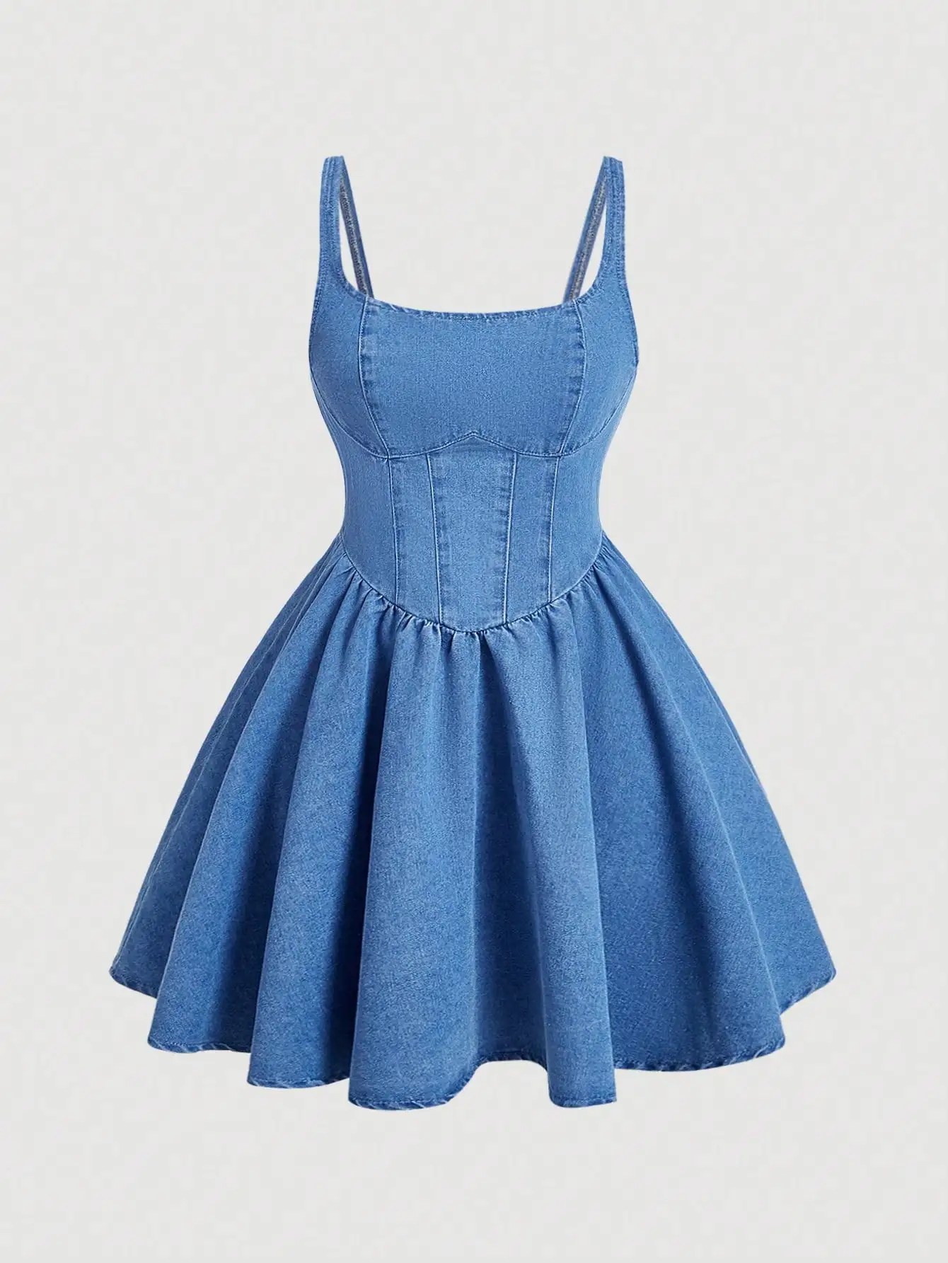 Robe en jean vintage à taille chevrons, jupe trapèze taille haute à fines bretelles, robe courte bouffante style parapluie, mode rétro