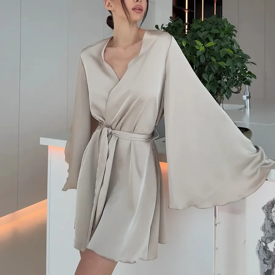 Robe longue élégante pour femme, peignoir kimono à grandes manches, nouvelle collection printemps-été, en soie glacée, nuisette sexy, pyjama – Image 15