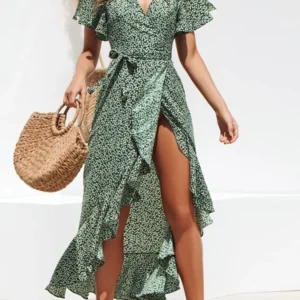 Robe Longue en Mousseline de Soie pour Femme, Imprimé Floral, Style Boho, Maxi, Col Rond en V, Fendue, Décontractée, Sexy, Soirée, Été