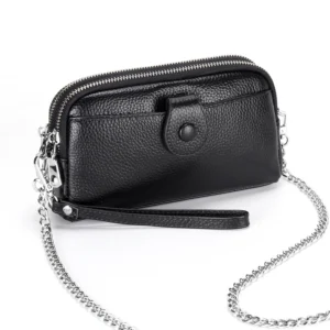 Portefeuille long en cuir véritable pour femme, pochette à double compartiment avec fermeture éclair, sac de poignet, sac bandoulière pour femme, sacoche de téléphone à chaîne