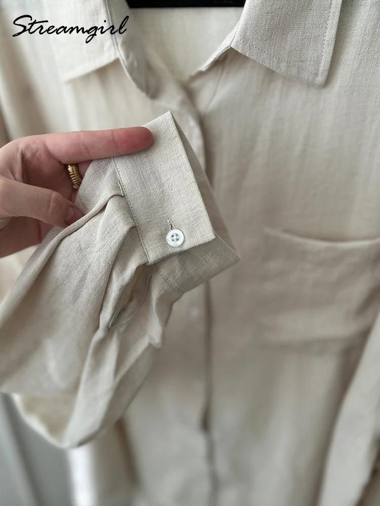 Chemises en lin bleues d'été pour femmes, hauts amples à manches longues, chemise verte pour femme, hauts basiques en lin pour le travail, chemises blanches pour femmes – Image 6