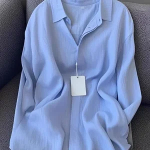 Chemise en lin pour femme, décontractée, ample, à manches longues, légère, pour l'été, couleur unie, col rabattu, style français, vêtement de protection solaire