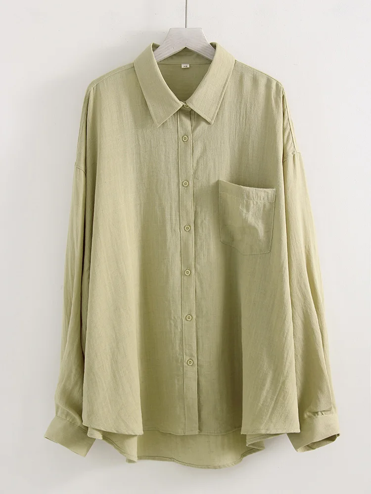 Chemises en lin bleues d'été pour femmes, hauts amples à manches longues, chemise verte pour femme, hauts basiques en lin pour le travail, chemises blanches pour femmes – Image 12