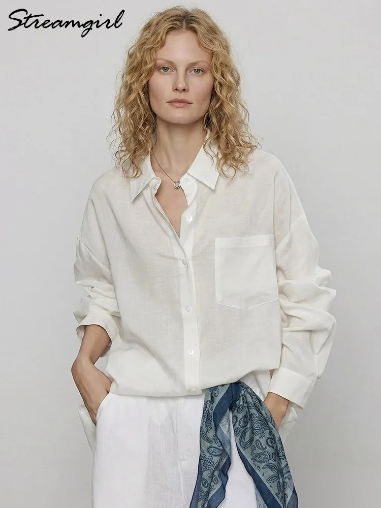 Chemises en lin bleues d'été pour femmes, hauts amples à manches longues, chemise verte pour femme, hauts basiques en lin pour le travail, chemises blanches pour femmes
