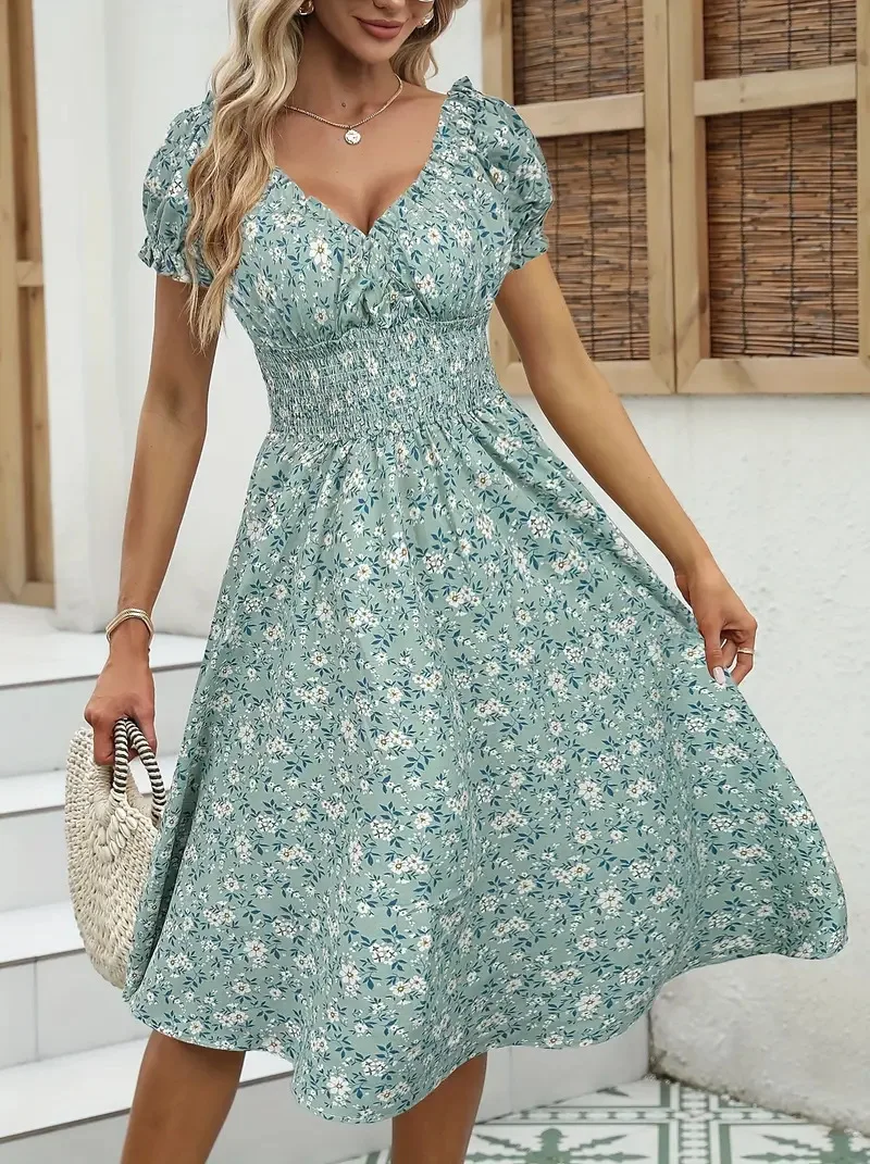 Robe florale vintage avec poignets moelleux et taille plissée, adaptée aux vêtements de plage d'été et aux fêtes d'été pour femmes – Image 10