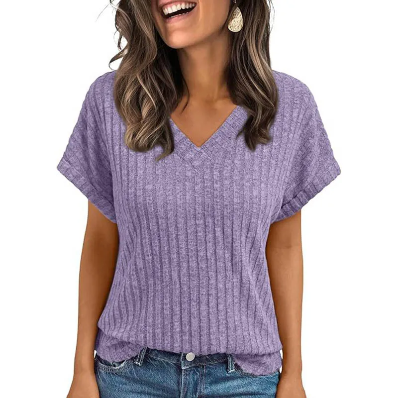 T-shirt été pour femmes Europe amérique tout-match tricot T-shirt été 2026 nouveau décontracté col en v à manches courtes pull dame solide hauts – Image 4
