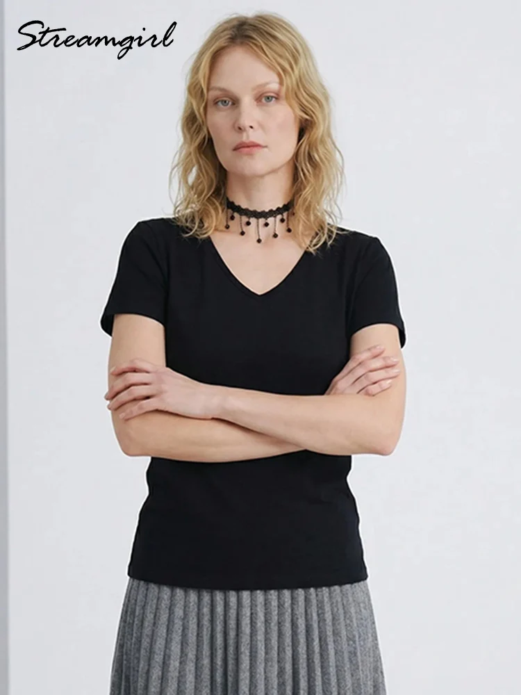 T-shirt Streamgirl d'été en modal à col en V et manches courtes pour femme, blanc, classique, uni, ajusté, slim, style streetwear café – Image 5