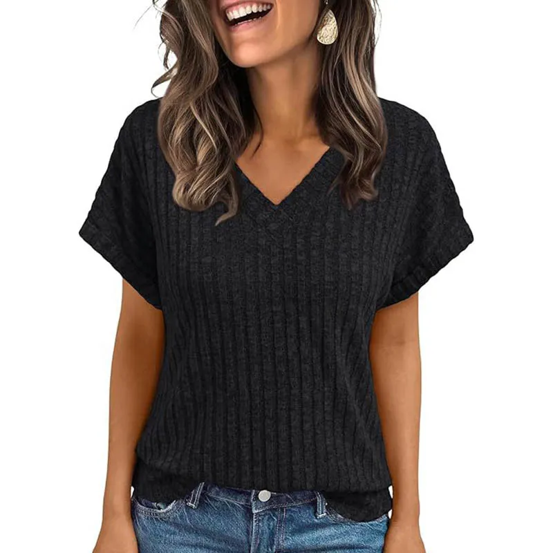 T-shirt été pour femmes Europe amérique tout-match tricot T-shirt été 2026 nouveau décontracté col en v à manches courtes pull dame solide hauts – Image 7