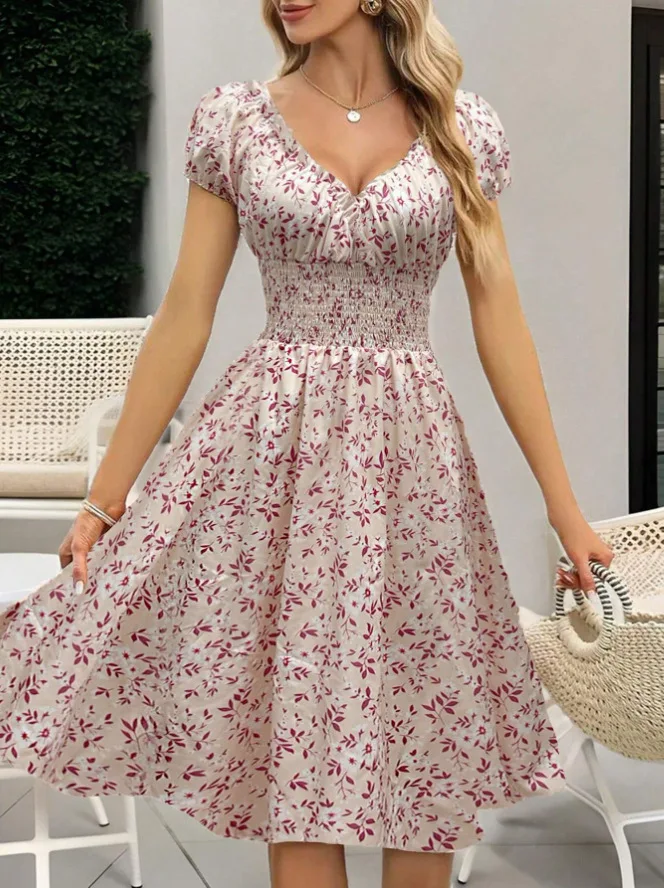 Robe florale vintage avec poignets moelleux et taille plissée, adaptée aux vêtements de plage d'été et aux fêtes d'été pour femmes – Image 7