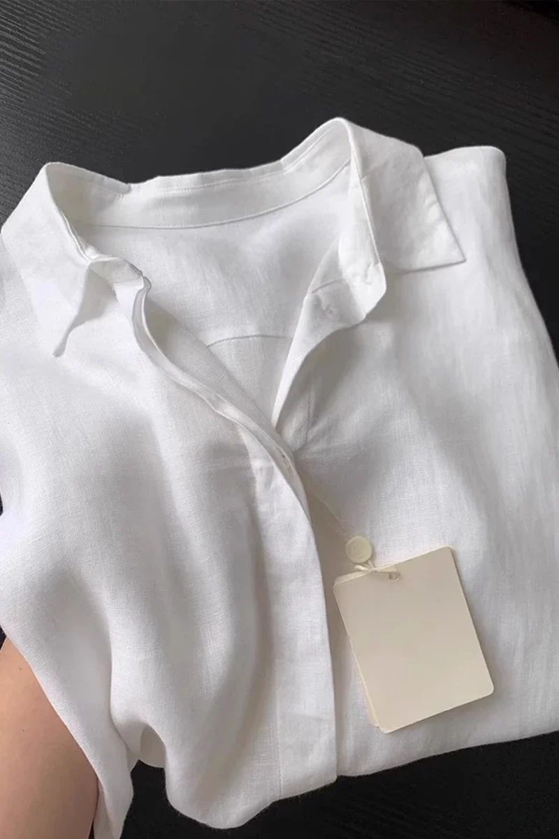 Chemise en lin pour femme, décontractée, ample, à manches longues, légère, pour l'été, couleur unie, col rabattu, style français, vêtement de protection solaire – Image 3
