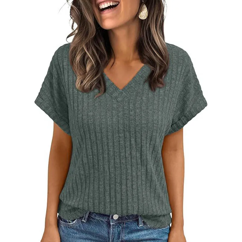 T-shirt été pour femmes Europe amérique tout-match tricot T-shirt été 2026 nouveau décontracté col en v à manches courtes pull dame solide hauts – Image 2