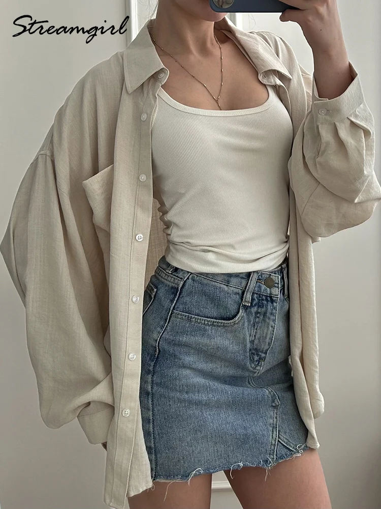 Chemises en lin bleues d'été pour femmes, hauts amples à manches longues, chemise verte pour femme, hauts basiques en lin pour le travail, chemises blanches pour femmes – Image 5
