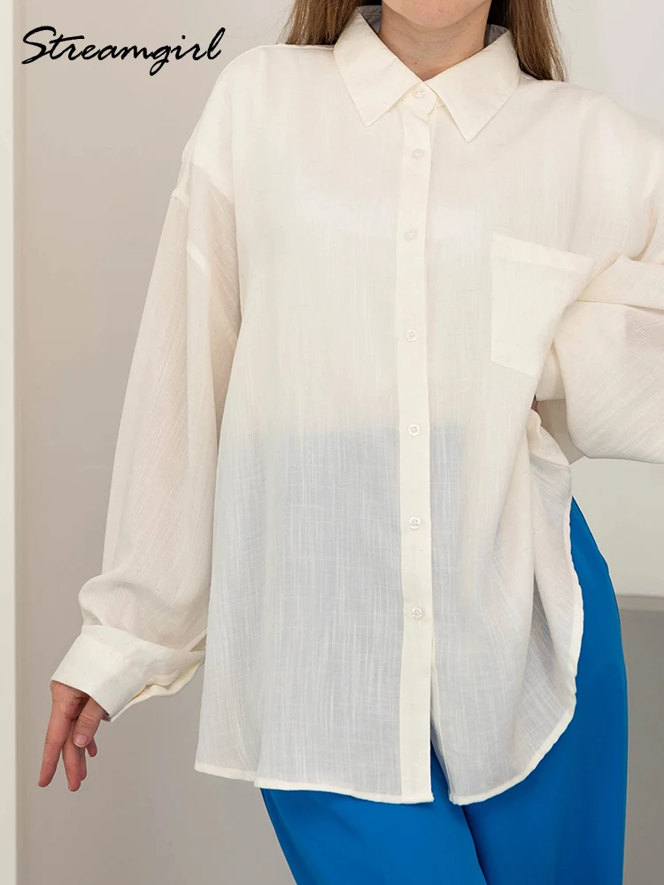Chemises en lin bleues d'été pour femmes, hauts amples à manches longues, chemise verte pour femme, hauts basiques en lin pour le travail, chemises blanches pour femmes – Image 4