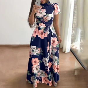 Robe d'été à imprimé Floral pour femmes, nouvelle robe trapèze Boho à manches courtes, robe Maxi fluide taille haute pour la plage et la plage, 2025