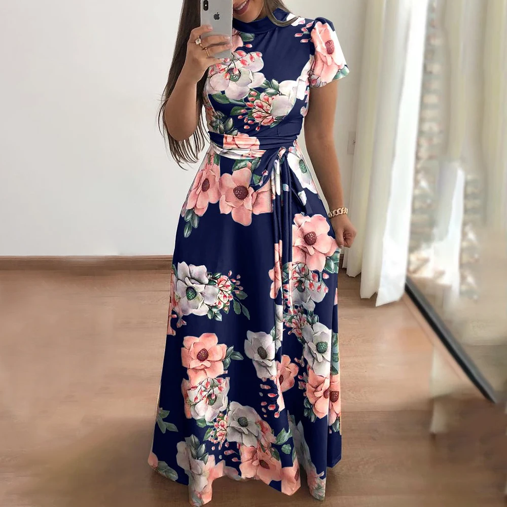 Robe d'été à imprimé Floral pour femmes, nouvelle robe trapèze Boho à manches courtes, robe Maxi fluide taille haute pour la plage et la plage, 2025