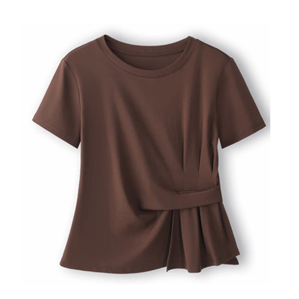 T-shirt décontracté à manches courtes et col rond en coton irrégulier pour femme – Nouvelle collection été – Image 6