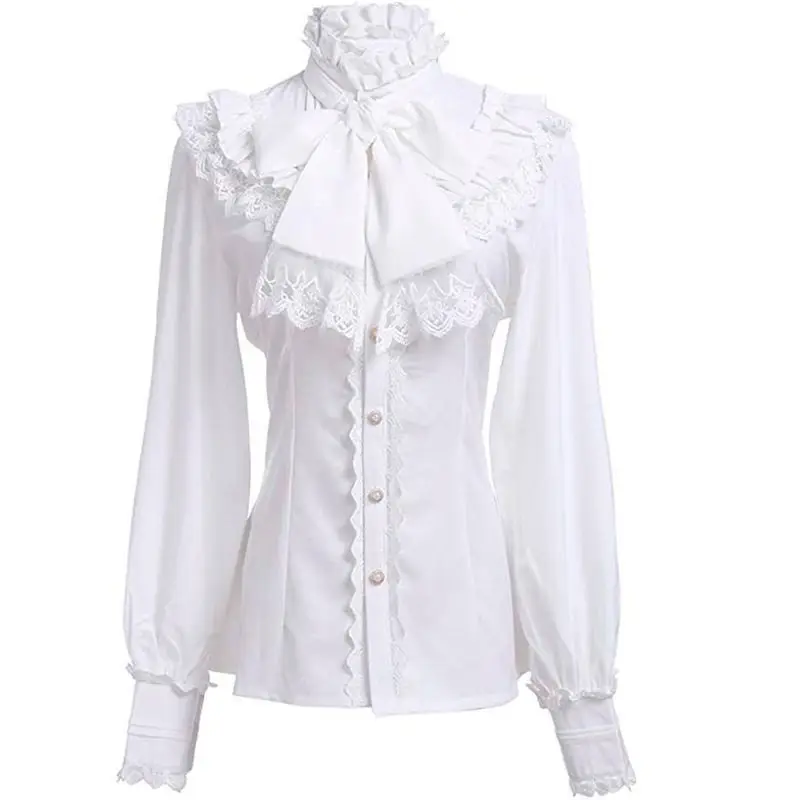 Chemise Femme Vintage à Col Volanté, Col Montant, Bordure Dentelle, Boutonnée – Blouse Gothique Élégante – Image 2