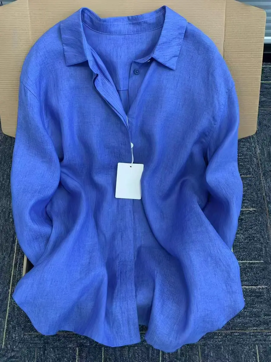 Chemise en lin pour femme, décontractée, ample, à manches longues, légère, pour l'été, couleur unie, col rabattu, style français, vêtement de protection solaire – Image 6