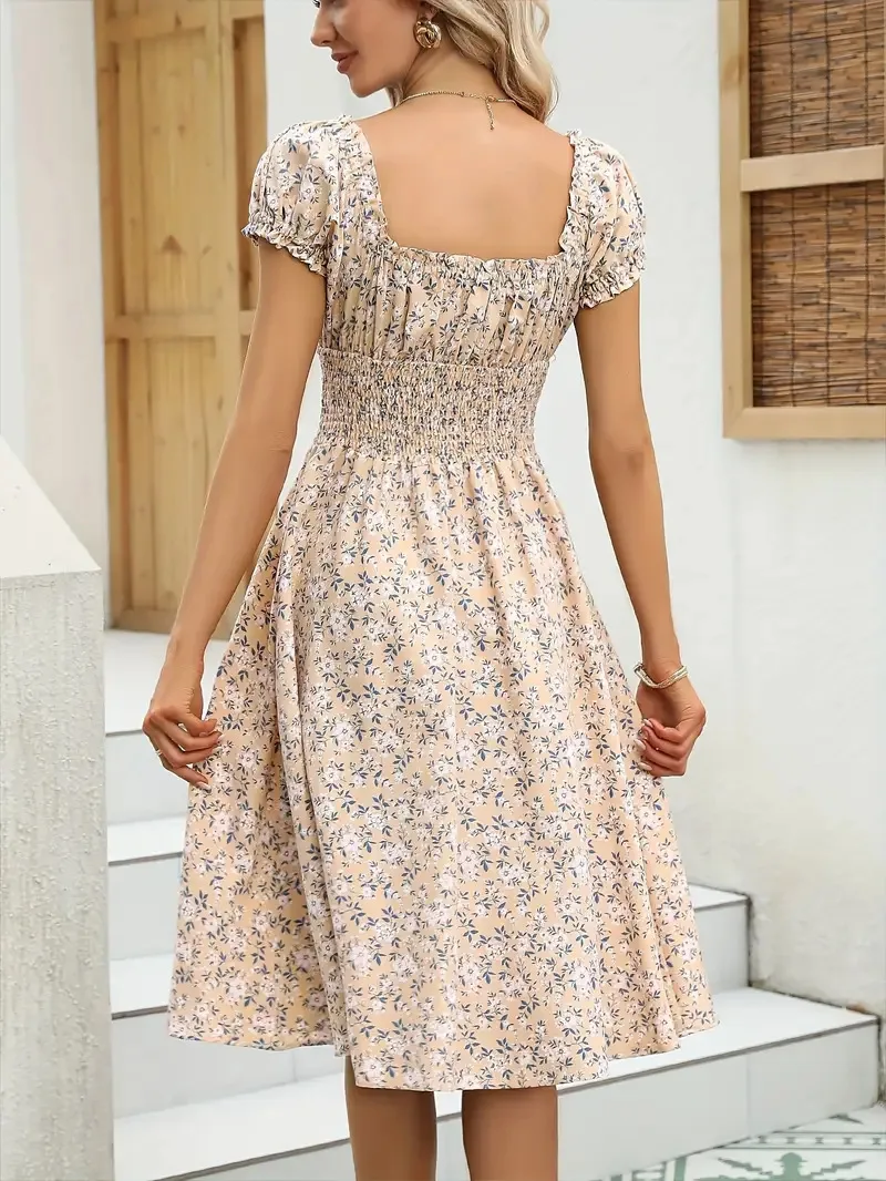 Robe florale vintage avec poignets moelleux et taille plissée, adaptée aux vêtements de plage d'été et aux fêtes d'été pour femmes – Image 4