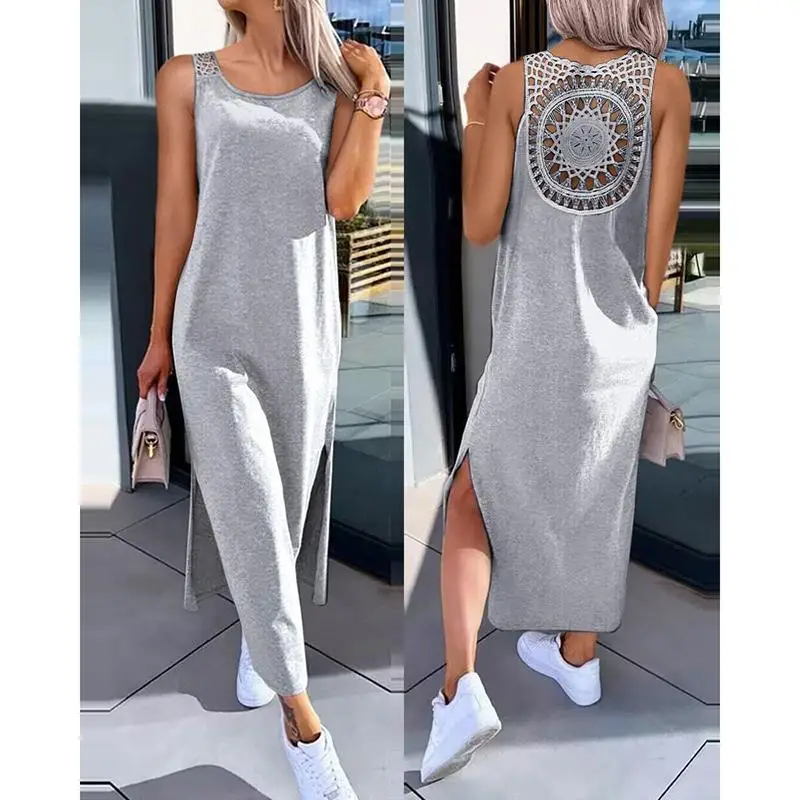 Robe d'été sans manches, ajourée, Sexy, ample, mode, fente unie, robes décontractées, col rond, mi-longue, Slim, pour dames