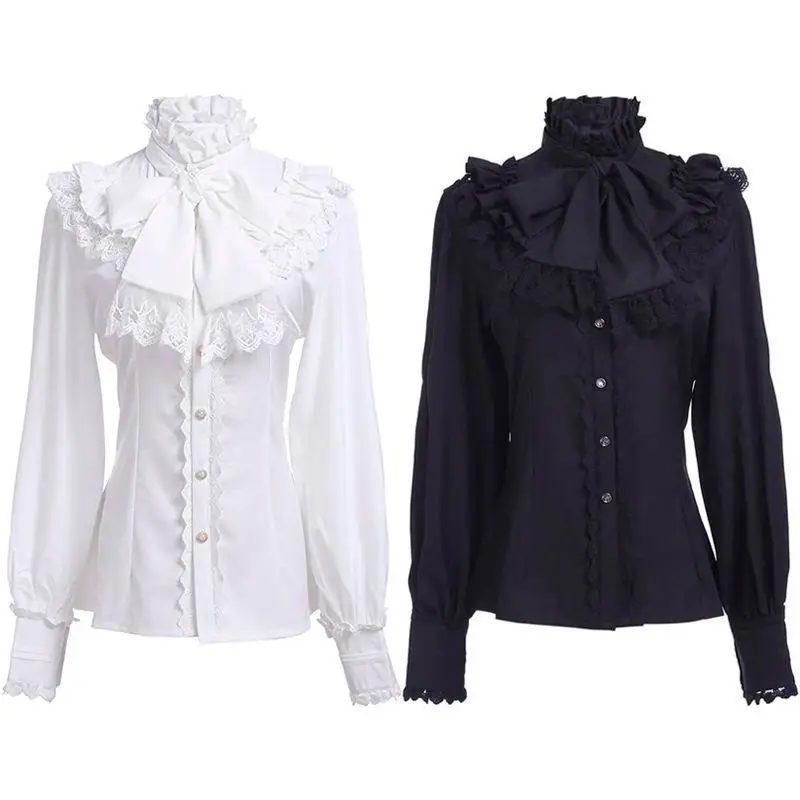 Chemise Femme Vintage à Col Volanté, Col Montant, Bordure Dentelle, Boutonnée – Blouse Gothique Élégante