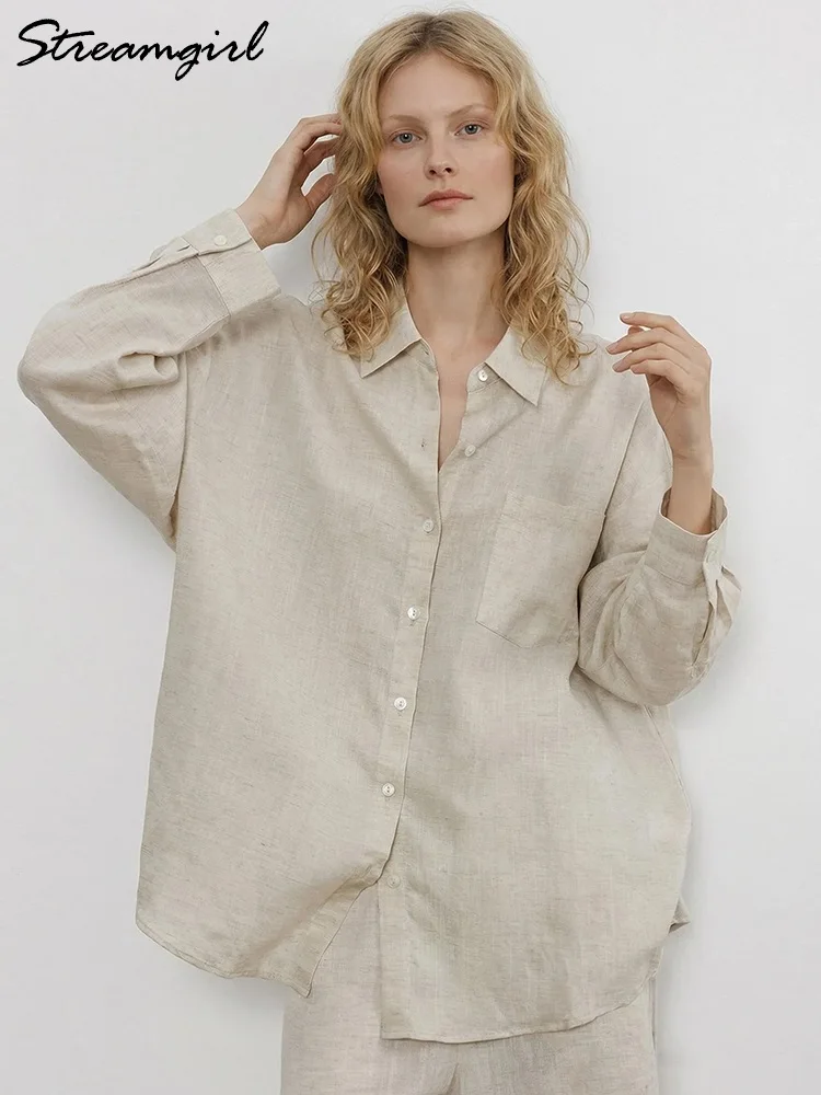 Chemises en lin bleues d'été pour femmes, hauts amples à manches longues, chemise verte pour femme, hauts basiques en lin pour le travail, chemises blanches pour femmes – Image 2