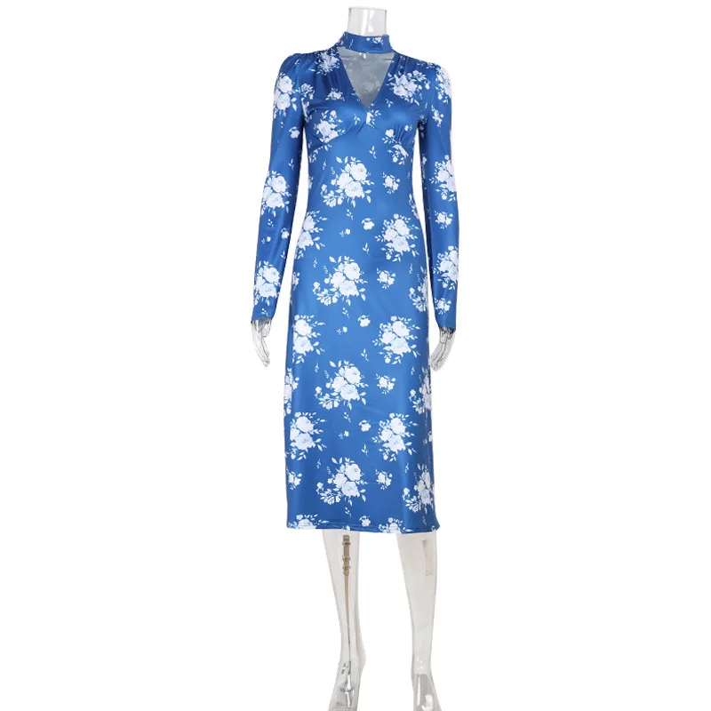 Robes imprimées pour femmes mode Sexy Streetwear col en v régulier manches longues moulante mi Robes Robes femme décontracté coupe ajustée – Image 4