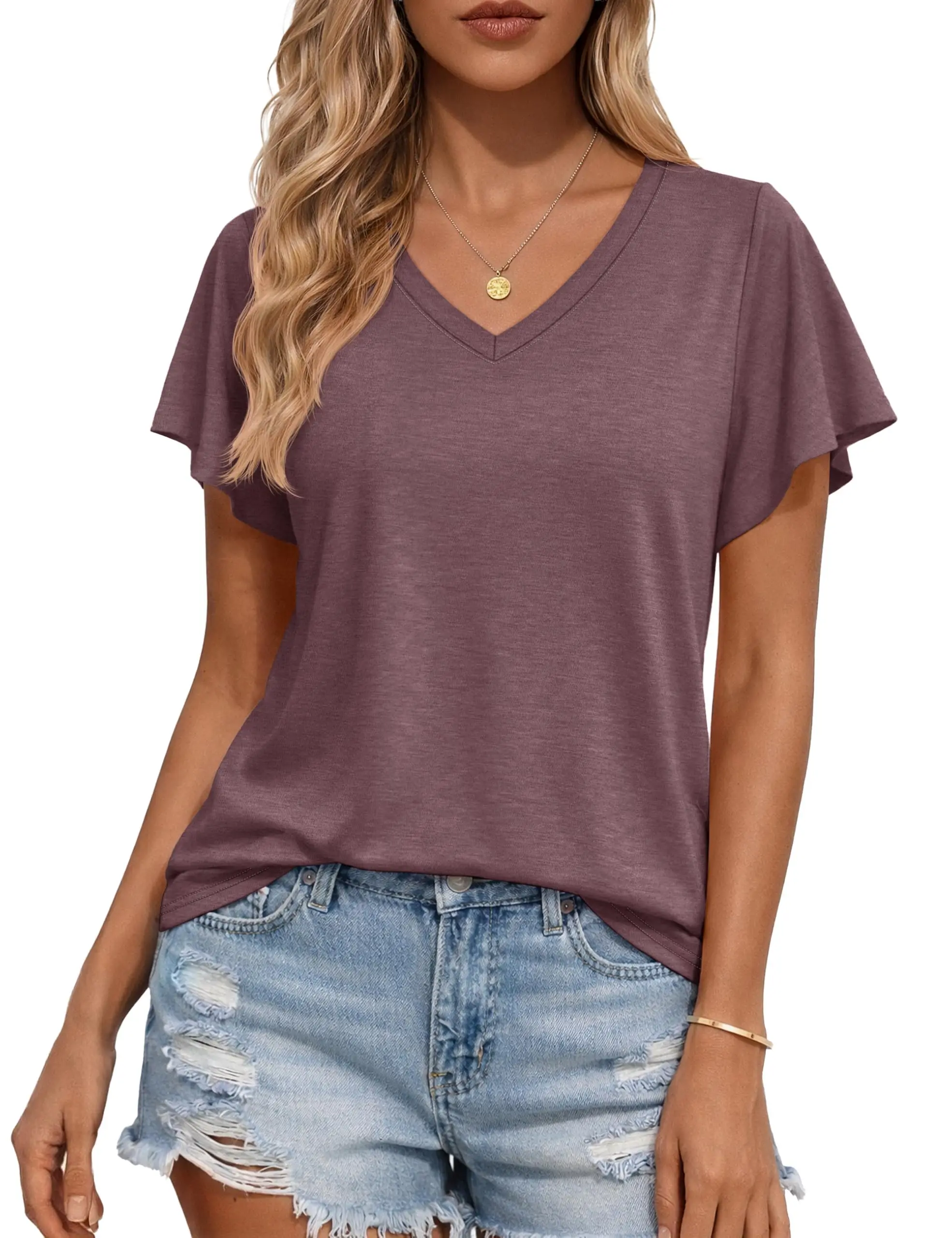 T-shirts pour femmes TACVASEN à manches volantées, col en V, manches cloche, doux, confortables, coupe décontractée, hauts décontractés d'été, coupe ample, t-shirts basiques unis – Image 10