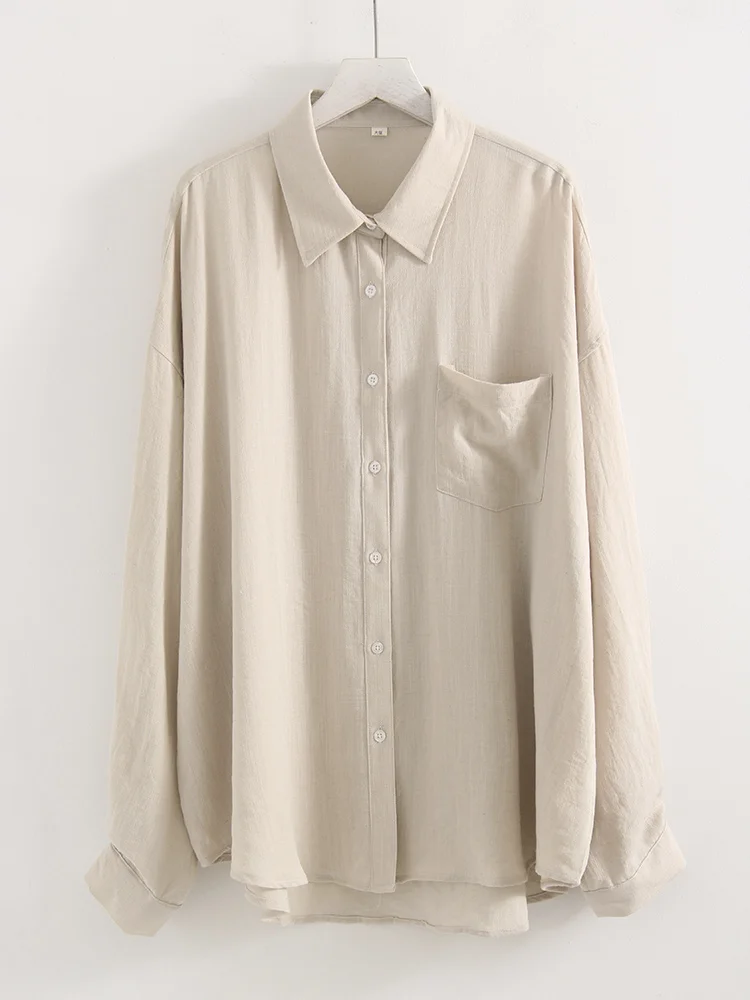 Chemises en lin bleues d'été pour femmes, hauts amples à manches longues, chemise verte pour femme, hauts basiques en lin pour le travail, chemises blanches pour femmes – Image 11