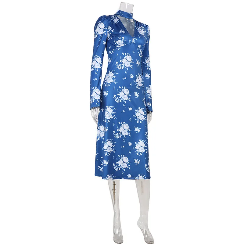 Robes imprimées pour femmes mode Sexy Streetwear col en v régulier manches longues moulante mi Robes Robes femme décontracté coupe ajustée – Image 5